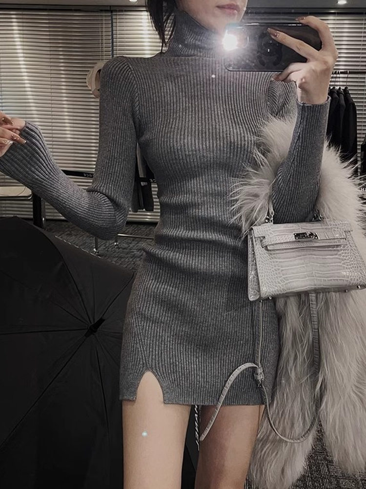 Bodycon Long Sleeve Ribbed Dress - Damska dopasowana mini sukienka z dzianiny,