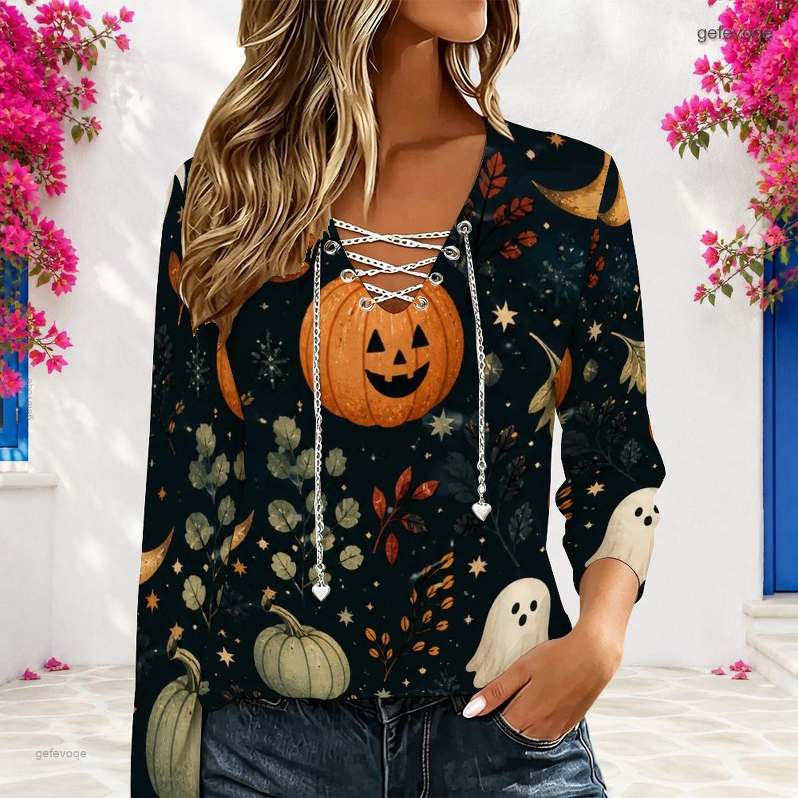 Blouses - Damska bluzka z dekoltem w serek,