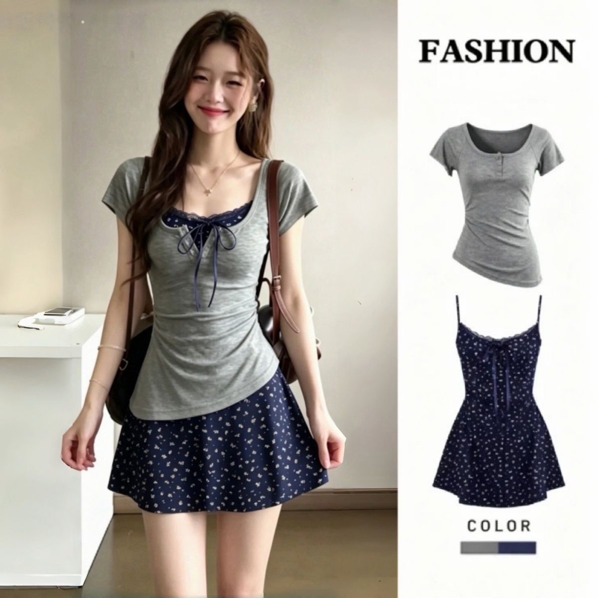 Korean Style A Line Shirt Dress - Damski francuski elegancki, dopasowany mini komplet