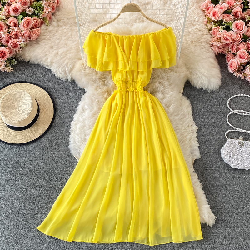 Off Shoulder Puff Sleeve Sundress - Żółta solidna damska sukienka plażowa dla