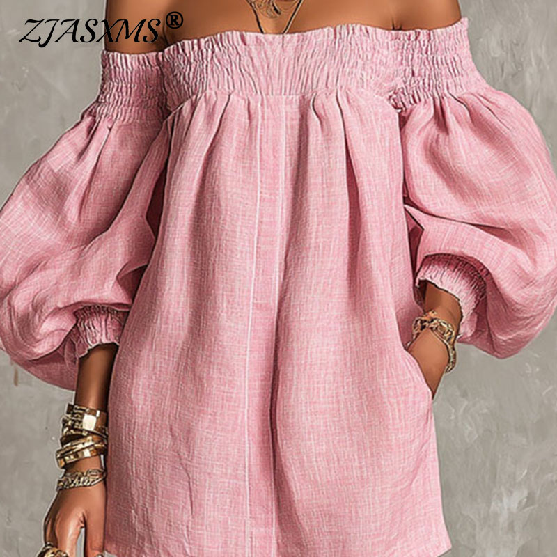 Off Shoulder Puff Sleeve Sundress - Damska sukienka mini z odkrytymi ramionami,