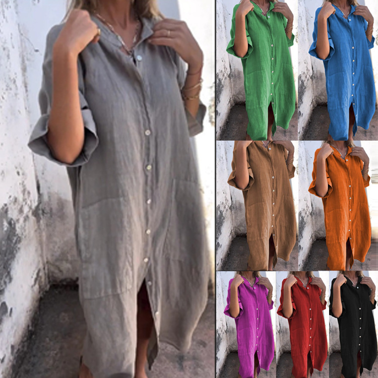 Casual Loose Linen Shirt Dress - Sukienka koszulowa damska w stylu Old