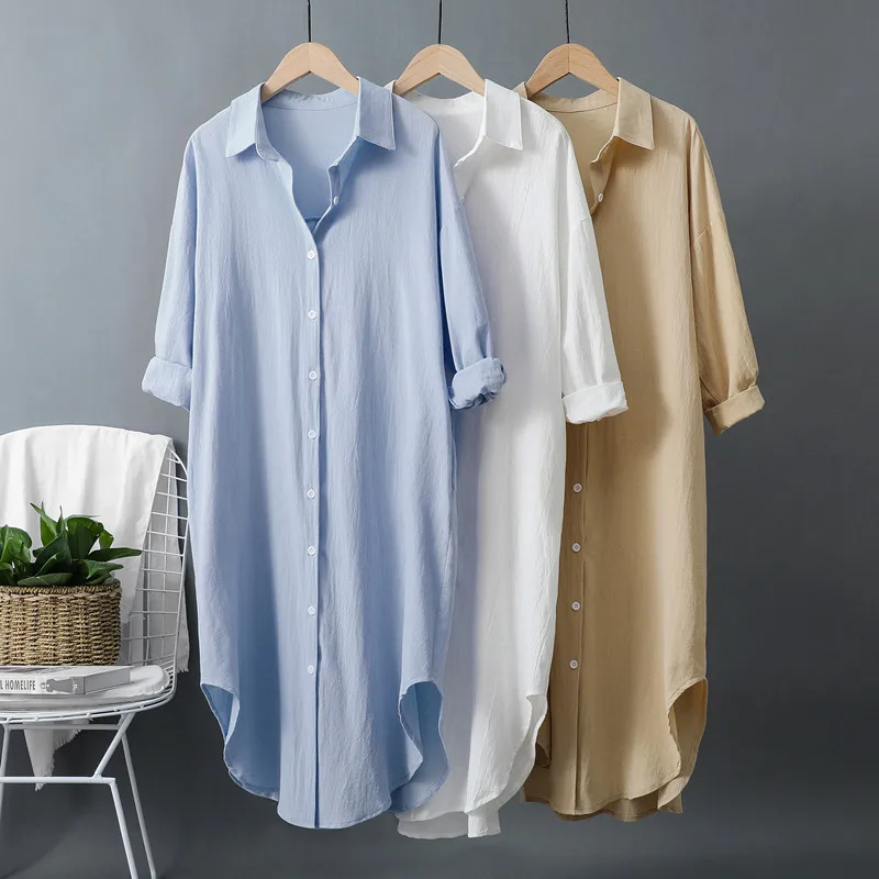 Casual Loose Linen Shirt Dress - Nowe bawełniane i lniane damskie długie