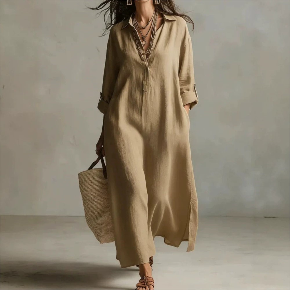 Casual Loose Linen Shirt Dress - Damska lniana sukienka koszulowa w stylu