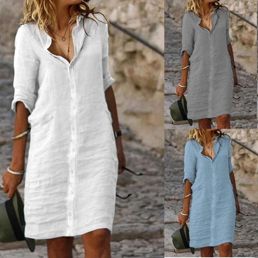 Casual Loose Linen Shirt Dress - Luźna sukienka koszulowa midi z guzikami,