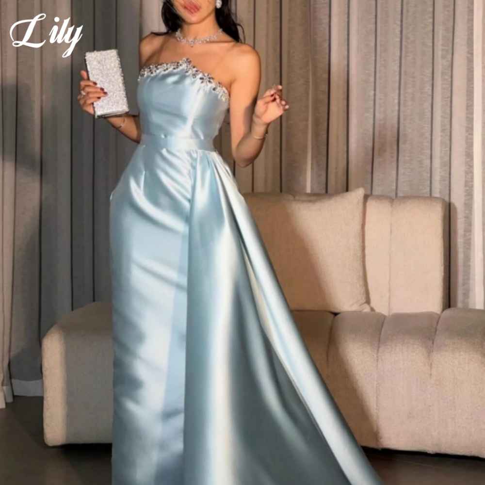 Elegant Satin Evening Gown Split - Lily Blue elegancka suknia wizytowa błyszczące