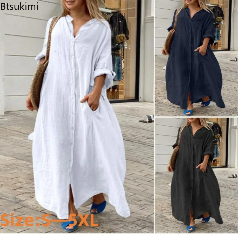 Casual Loose Linen Shirt Dress - Długa sukienka damska z bawełny i