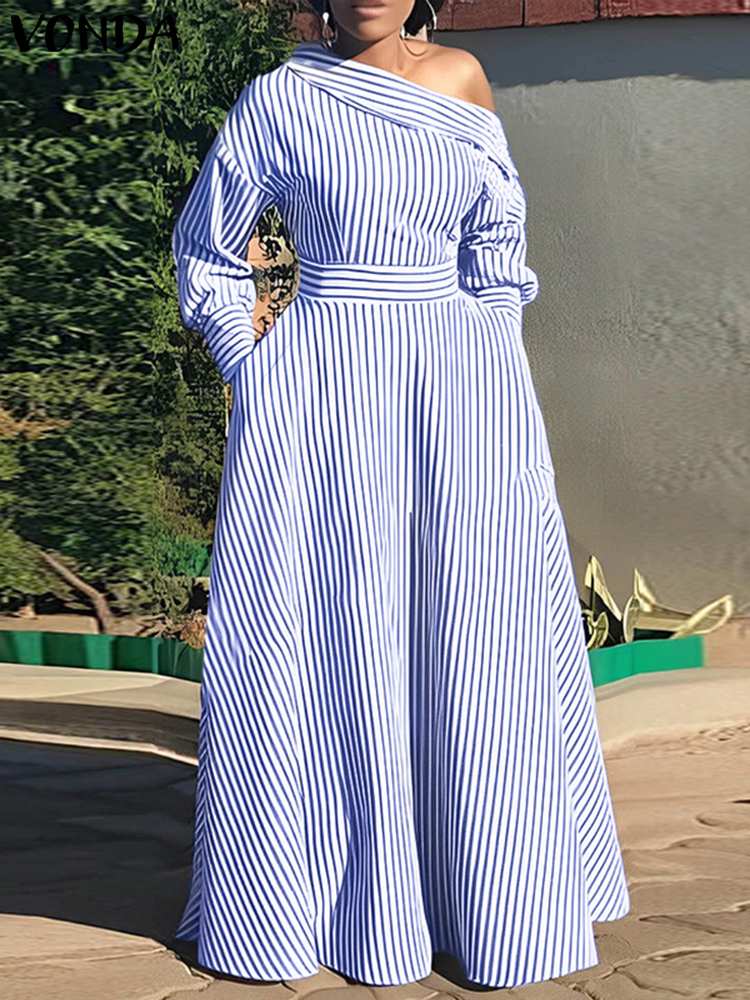 Off Shoulder Puff Sleeve Sundress - VONDA 2024 kobiet elegancka pasiasta sukienka