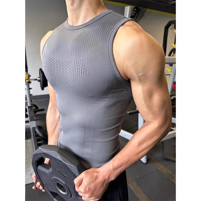 Seamless Ribbed Workout Tank Top - Męska bezszwowa prążkowana koszulka sportowa z