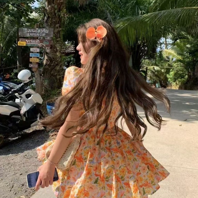 Off Shoulder Puff Sleeve Sundress - Nowa pomarańczowa sukienka mini z kwiatowym