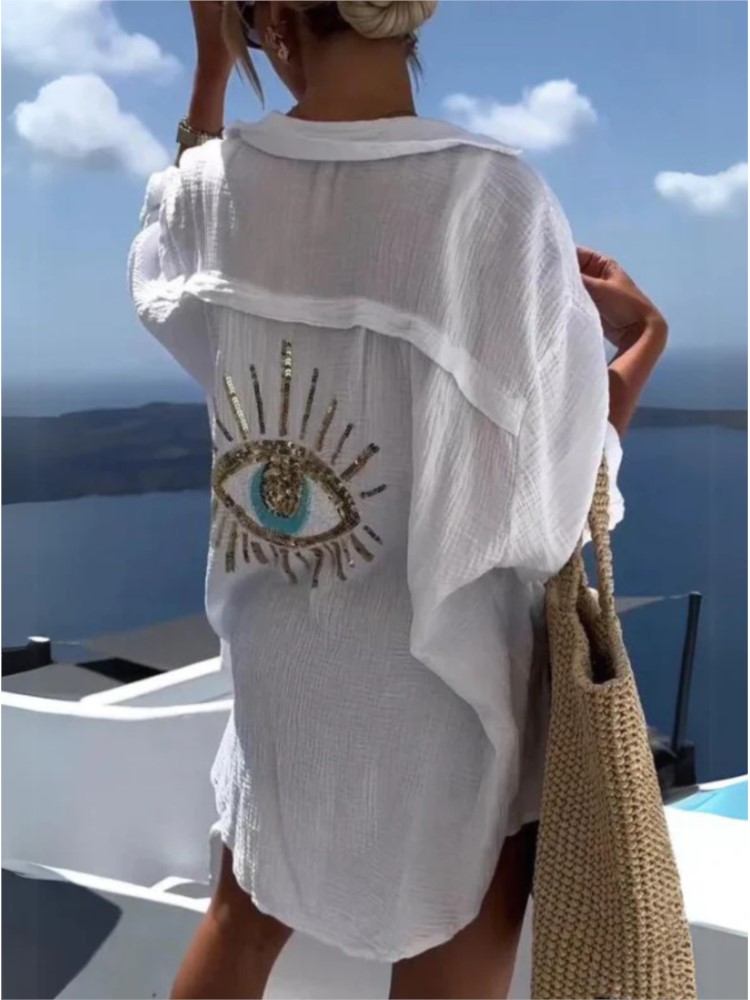 Casual Loose Linen Shirt Dress - Wiosna lato na co dzień cekinowa