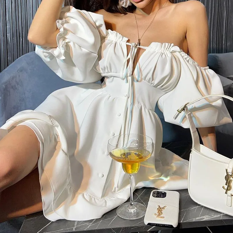 Off Shoulder Puff Sleeve Sundress - Damskie letnie sukienki mini z odkrytymi