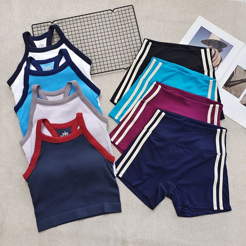 Seamless Ribbed Workout Tank Top - Damskie prążkowane komplety sportowe 2-częściowe: top