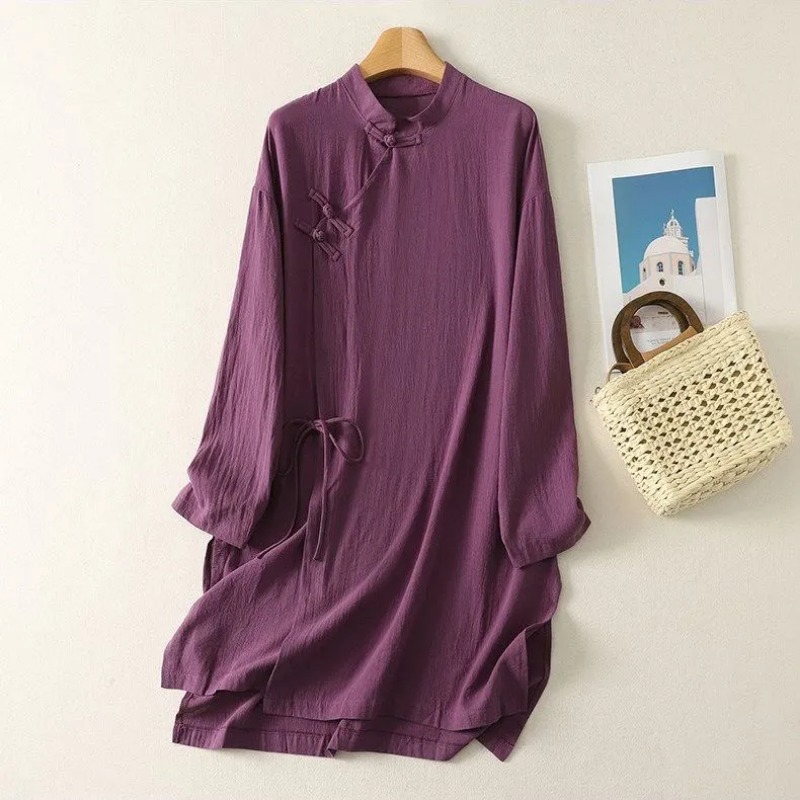 Casual Loose Linen Shirt Dress - Damska lniana tunika w stylu chińskim