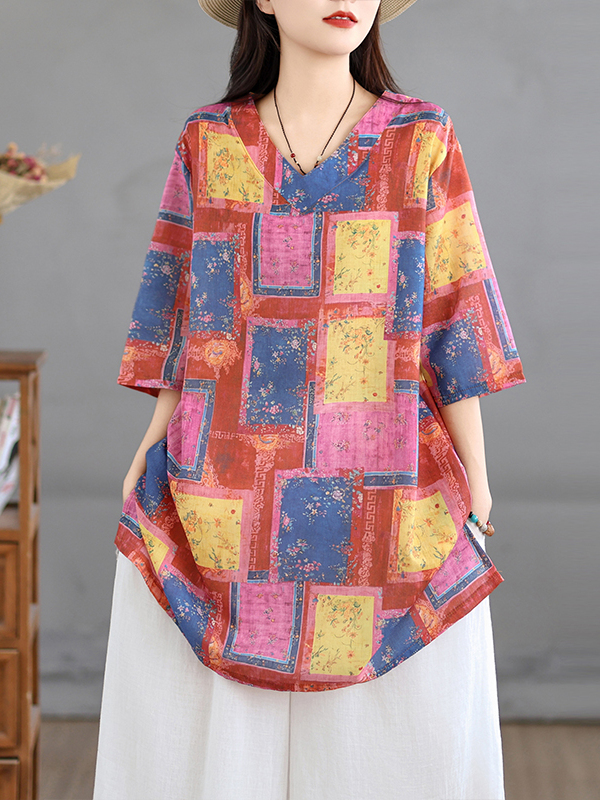 Casual Loose Linen Shirt Dress - Luźna lniana sukienka koszulowa z nadrukiem
