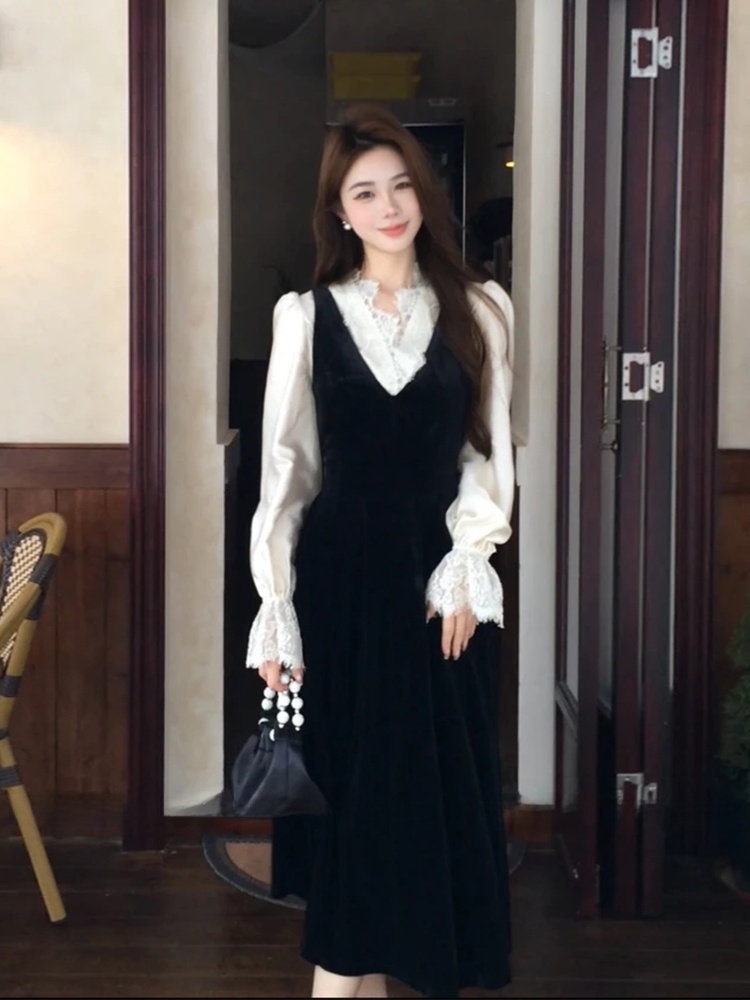 Korean Style A Line Shirt Dress - Elegancka jedwabna koszula z koronkowymi wstawkami