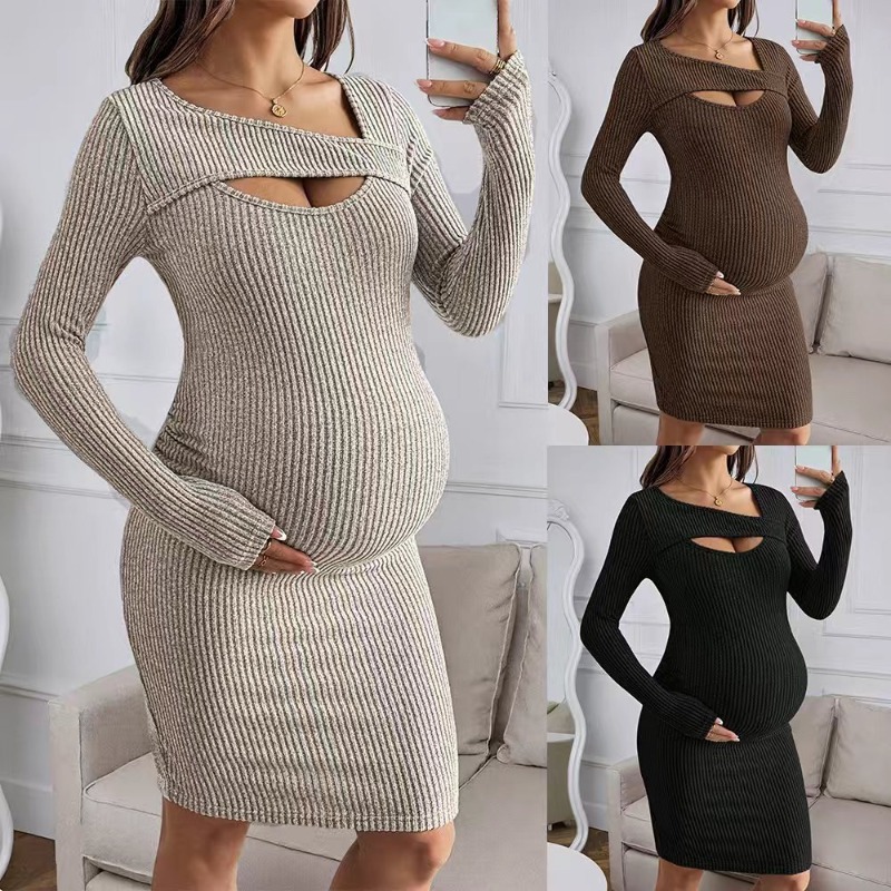 Bodycon Long Sleeve Ribbed Dress - Odzież ciążowa Sukienka z długim rękawem,