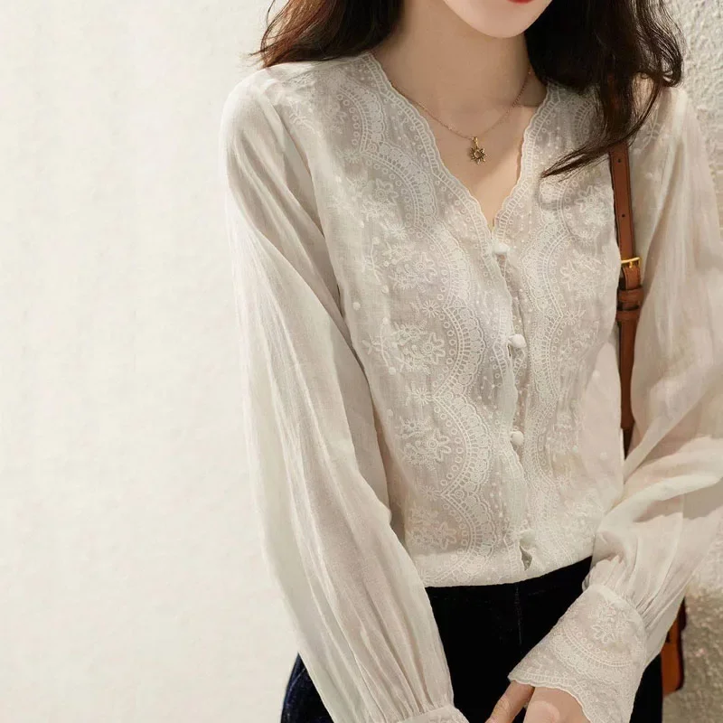 Casual Loose Linen Shirt Dress - GELITAYIN Bluzka lniana z dekoltem w