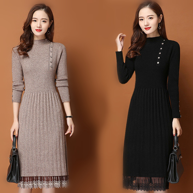 Bodycon Long Sleeve Ribbed Dress - Koronkowe guziki do spodni Jesienno-zimowy sweter