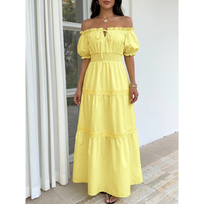 Off Shoulder Puff Sleeve Sundress - Letnia, bohemiczna, żółta sukienka maxi z