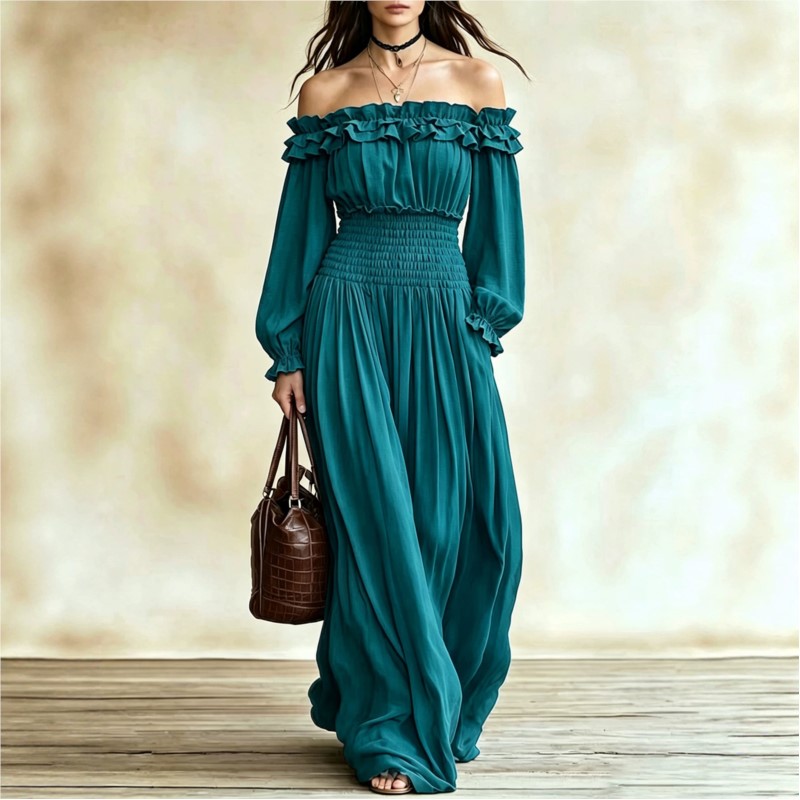 Off Shoulder Puff Sleeve Sundress - Sukienki maxi z odkrytymi ramionami dla