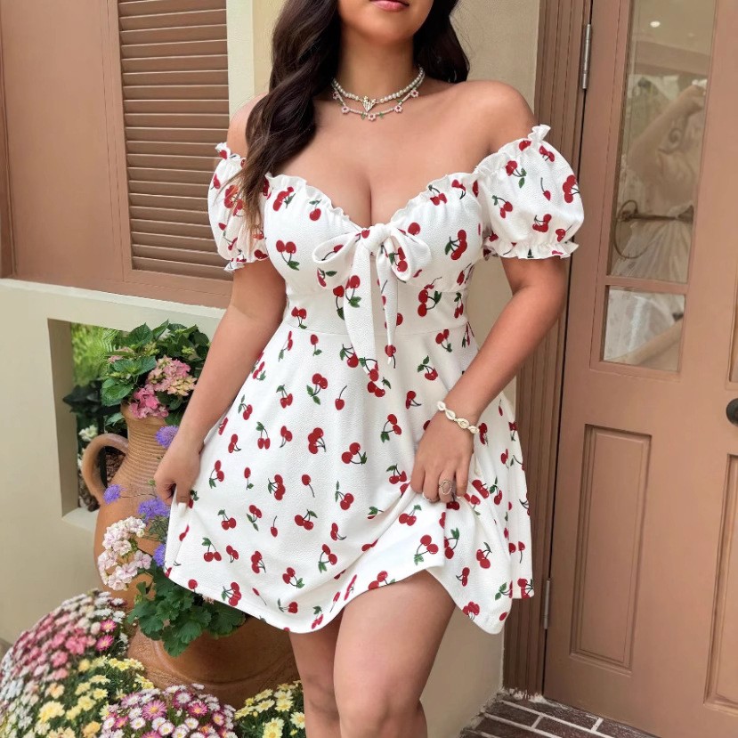 Off Shoulder Puff Sleeve Sundress - Letnia sukienka damska z kwiatowym wzorem,