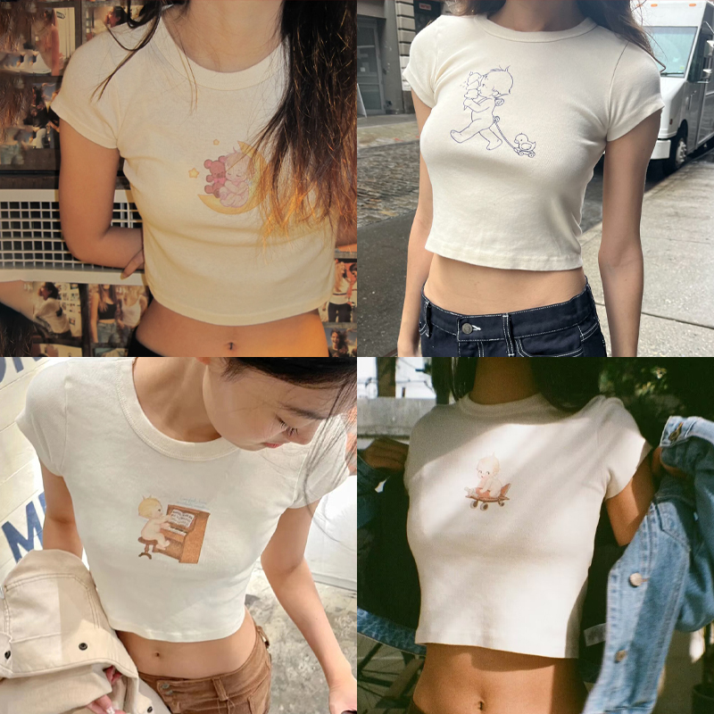 Y2K Graphic Baby Tee Crop - Anioł dziecko grafika wąskie koszulki kobiety
