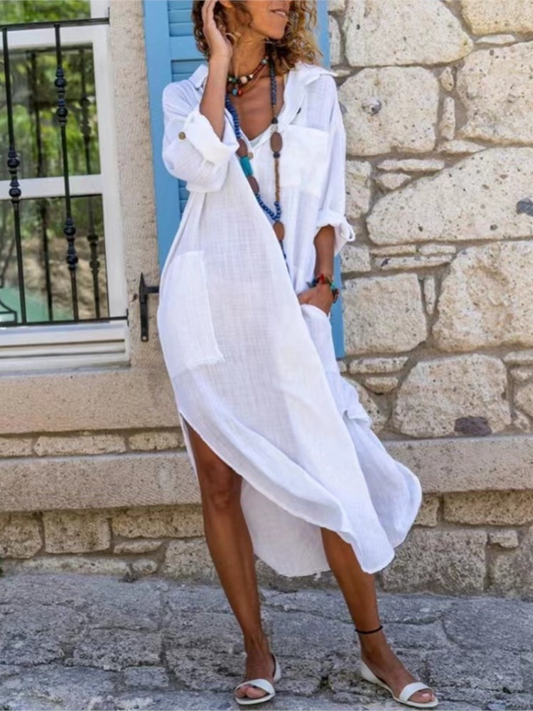 Casual Loose Linen Shirt Dress - Biała damska sukienka koszulowa w jednolitym
