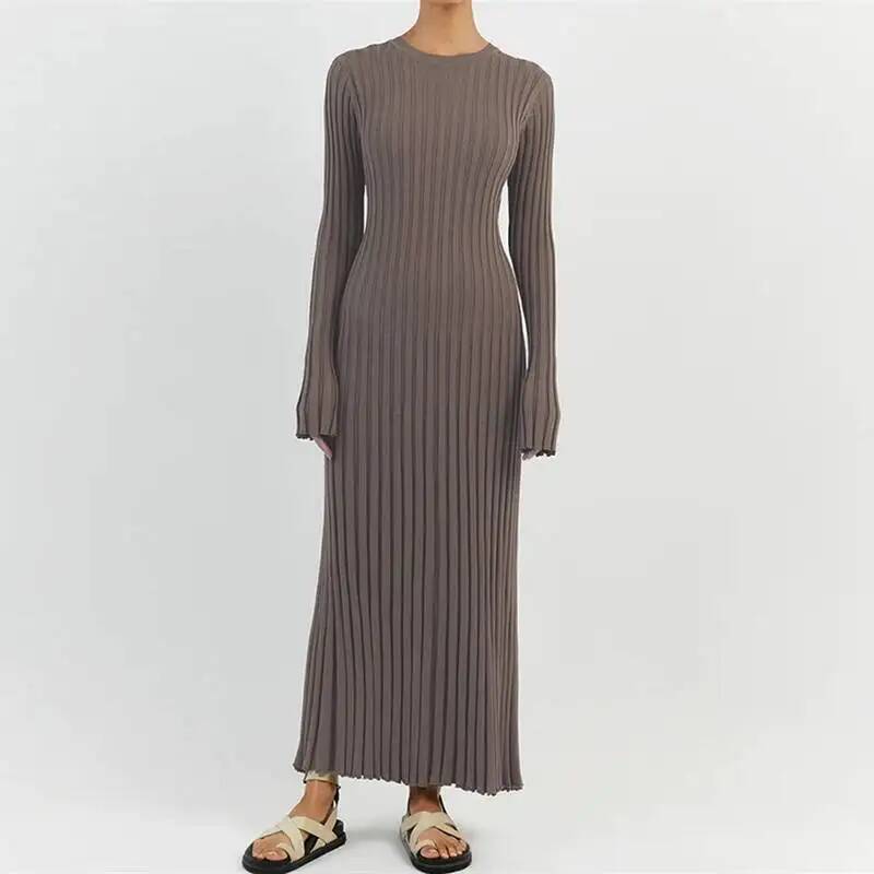 Bodycon Long Sleeve Ribbed Dress - Elegancka damska sukienka maxi z prążkowanej