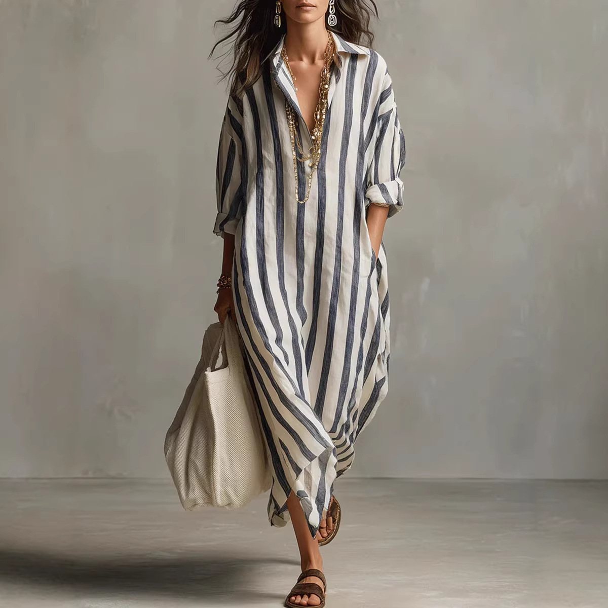 Casual Loose Linen Shirt Dress - Letnia elegancka lniana sukienka w paski