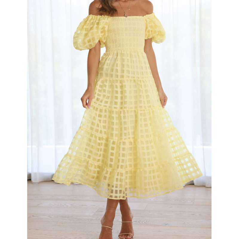 Off Shoulder Puff Sleeve Sundress - Elegancka damska letnia długa sukienka z