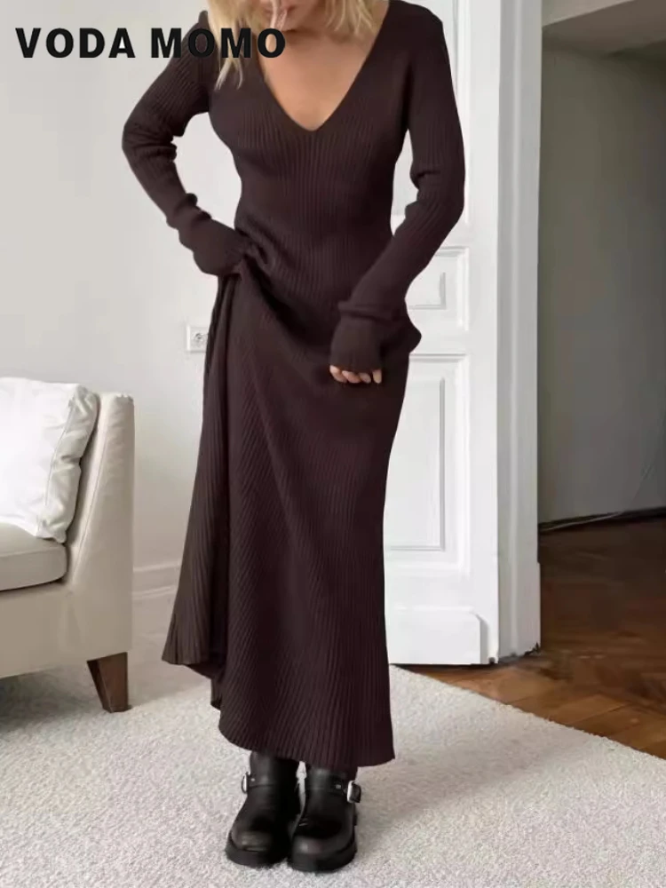 Bodycon Long Sleeve Ribbed Dress - Długie Rękawy Uniwersalne Sukienki Maxi Bodycon