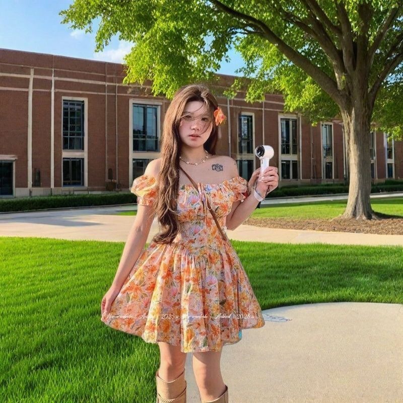 Off Shoulder Puff Sleeve Sundress - Wyprzedaż! Pomarańczowa sukienka mini z kwiatowym