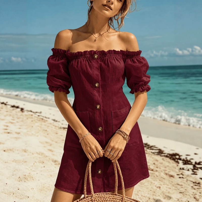 Damska sukienka mini z odkryty – Off Shoulder Puff Sleeve Sundress recenzja i cena