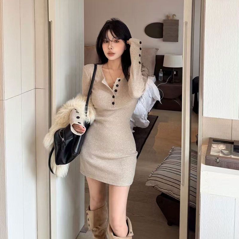 Sukienki damskie Y2k typu body – Bodycon Long Sleeve Ribbed Dress recenzja i cena