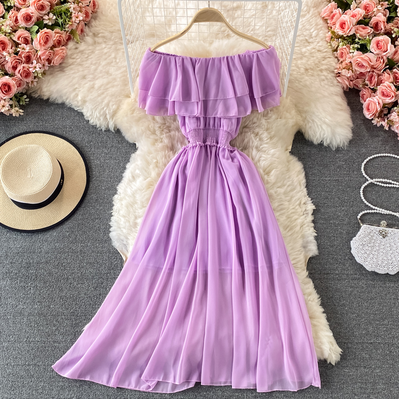 Żółta solidna damska sukienka  – Off Shoulder Puff Sleeve Sundress recenzja i cena