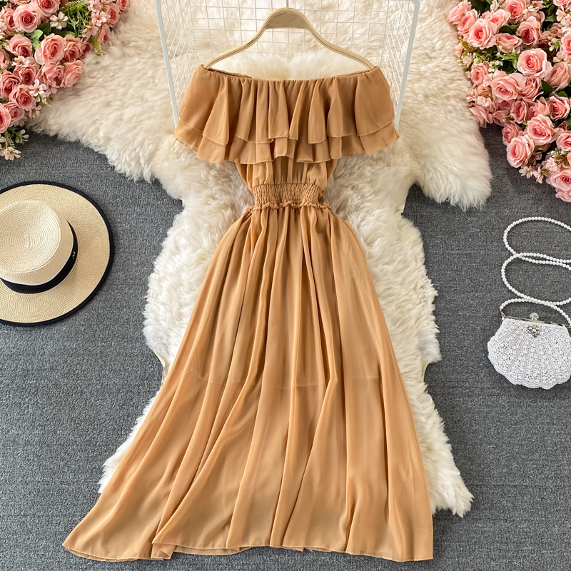 Żółta solidna damska sukienka  – Off Shoulder Puff Sleeve Sundress recenzja i cena