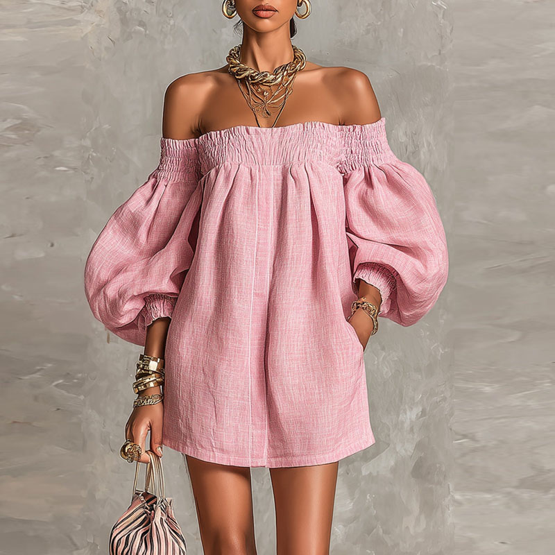 Damska sukienka mini z odkryty – Off Shoulder Puff Sleeve Sundress recenzja i cena