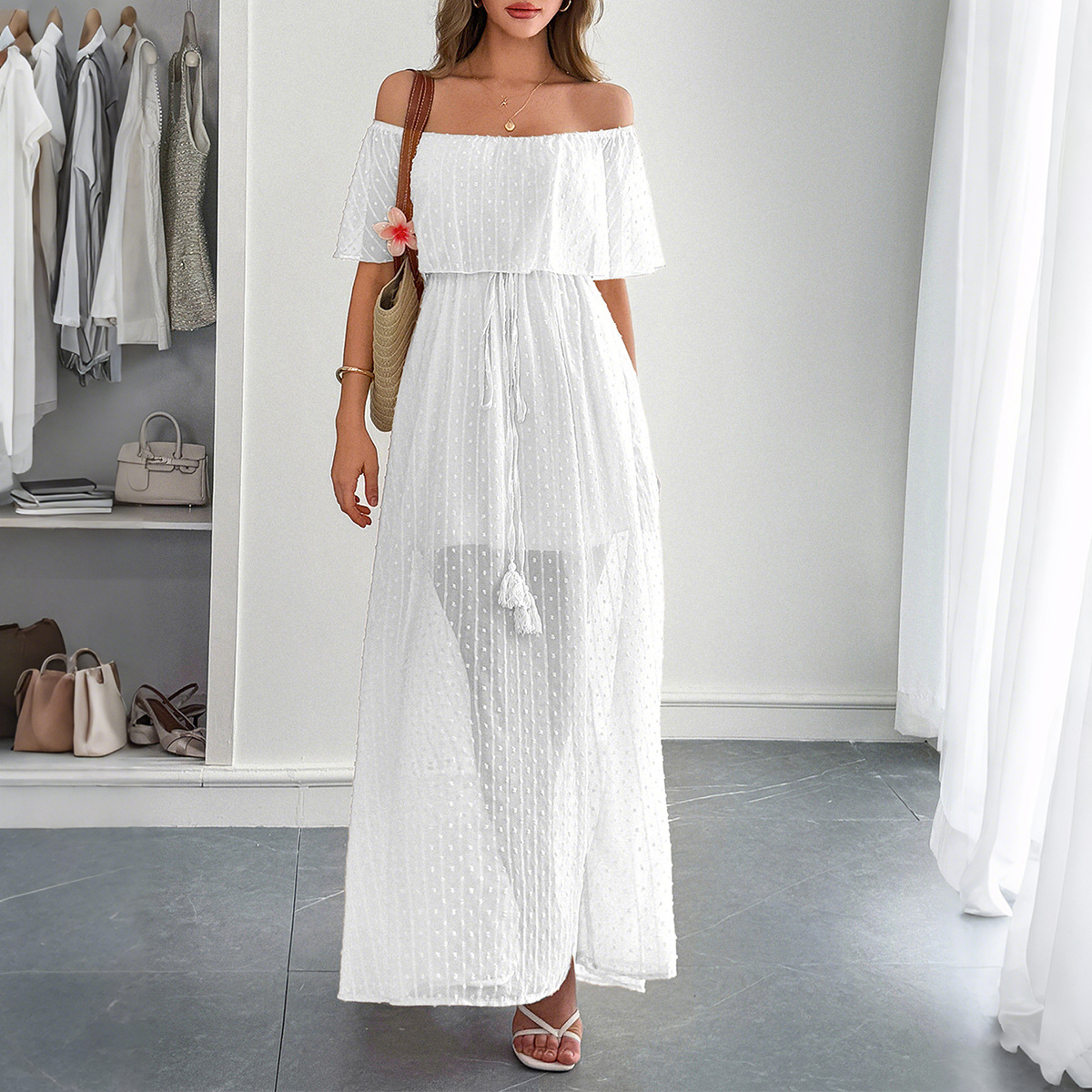Elegancka damska letnia sukien – Off Shoulder Puff Sleeve Sundress recenzja i cena