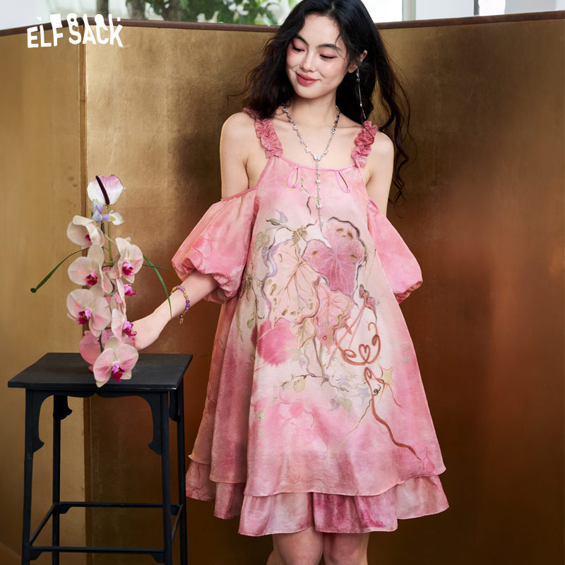 Sukienka damska ELFSACK, szyfo – Off Shoulder Puff Sleeve Sundress recenzja i cena