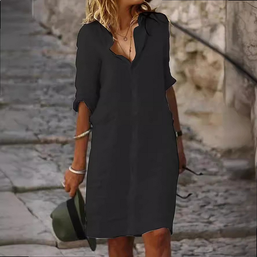Luźna sukienka koszulowa midi  – Casual Loose Linen Shirt Dress recenzja i cena