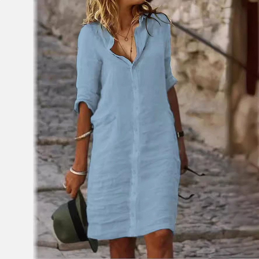 Luźna sukienka koszulowa midi  – Casual Loose Linen Shirt Dress recenzja i cena