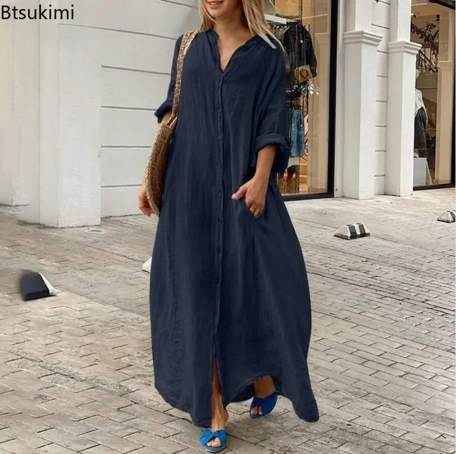 Długa sukienka damska z bawełn – Casual Loose Linen Shirt Dress recenzja i cena