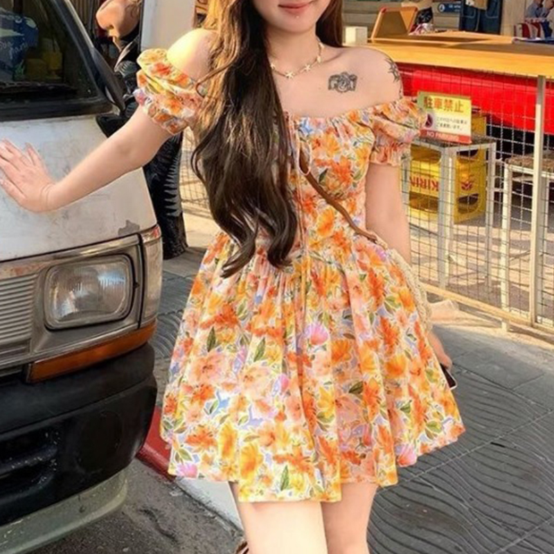 Damska pomarańczowa sukienka m – Off Shoulder Puff Sleeve Sundress recenzja i cena