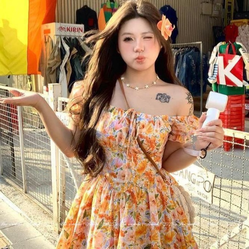 Damska pomarańczowa sukienka m – Off Shoulder Puff Sleeve Sundress recenzja i cena