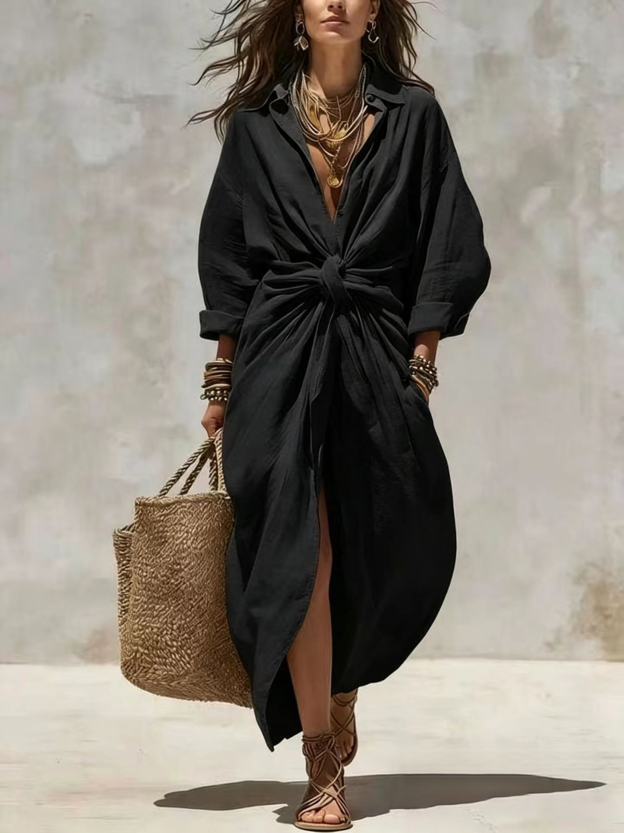 Sukienka lniana bawełniana w s – Casual Loose Linen Shirt Dress recenzja i cena