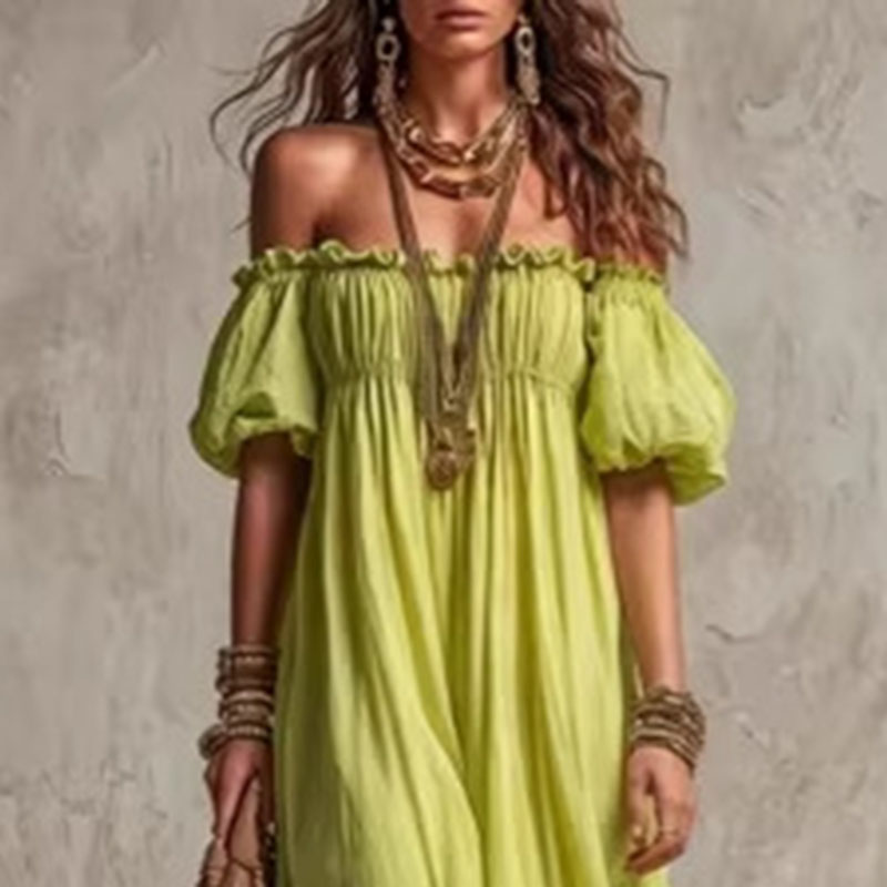 Damska elastyczna sukienka let – Off Shoulder Puff Sleeve Sundress recenzja i cena