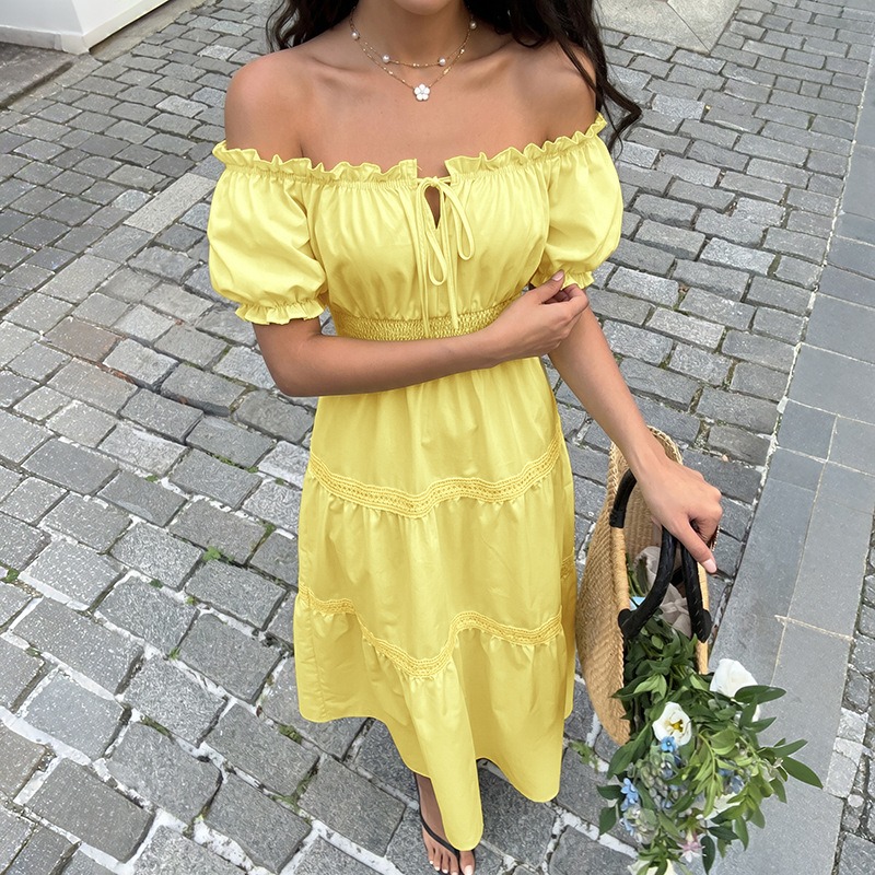 Letnia, bohemiczna, żółta suki – Off Shoulder Puff Sleeve Sundress recenzja i cena