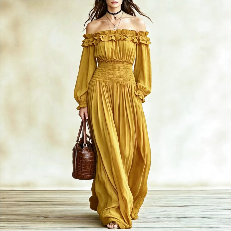 Sukienki maxi z odkrytymi rami – Off Shoulder Puff Sleeve Sundress recenzja i cena