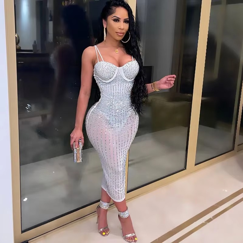 Seksowna Przezroczysta Sukienk – Sparkly Rhinestone Club Party Dress recenzja i cena